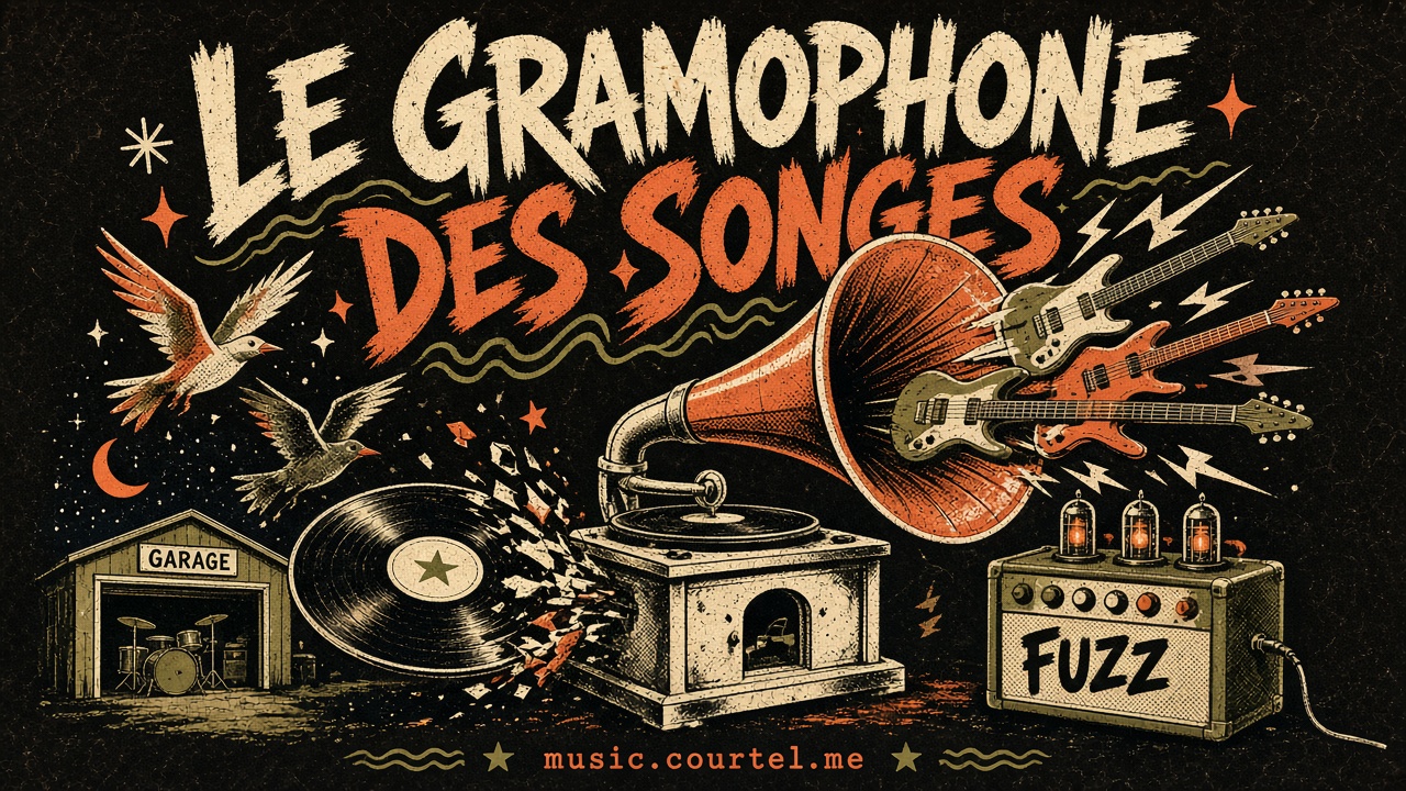 Affiche du gramophone des songes : un gramophone, des vinyles et des guitares électriques