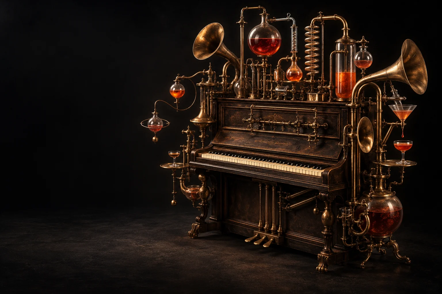 Piano surréaliste relié à des cuivres, des tuyaux de verre et des fioles de cocktail lumineux